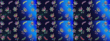 Raster Floral Illustration, Asyalı tekstil. Gri, mavi ve yeşil renkli etnik çiçeklerle zarif bir eskiz deseni..