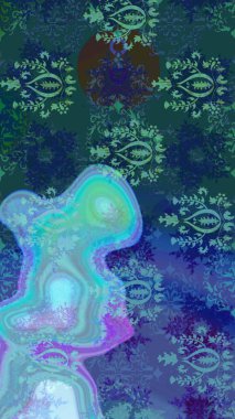 Kar tanelerinin soyut arkaplanlı Noel şablonu. Noel ve yeni yıl moda baskıları için tatil tasarımı. Mavi ve yeşil renkler. Raster illüstrasyonu.