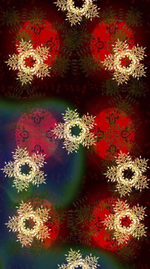 Kar tanesi raster deseni. Renkli arka planda izole tatlı kar taneleri. Kahverengi, kırmızı ve siyah renkli kar taneleri. Raster illüstrasyonu.