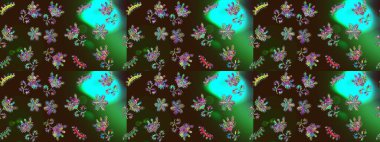 Parlak renkli çiçekleri ve kahverengi, yeşil ve mavi renklerde yaprakları olan şaşırtıcı, pürüzsüz çiçek deseni. Moda baskıları için zarif bir şablon. Modern çiçek arkaplanı. Halk stili.