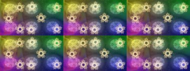 Farklı kar tanesi toplama rasterleri, yeşil, mor ve nötr renklerde kış elementleri. Raster Noel soyut renkli arkaplan ve tatlı kar tanesi.