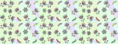 Renkli Yaz Temalı Kusursuz Arkaplan. Sevimli çiçek raster deseni. Modaya uygun kumaş deseni. Düz Çiçek Elementleri Tasarımı.