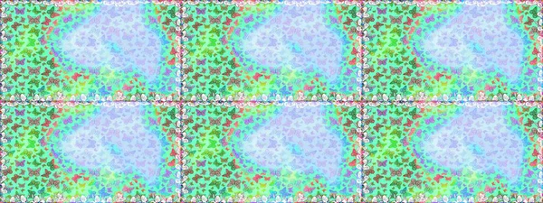 Elle çizilmiş kelebeklerle. Tarafsız, yeşil ve mavi renklerin soyut arkaplanı. Renkli romantik kelebekler kusursuz desenli arka plan. Dekoratif Raster illüstrasyonu.