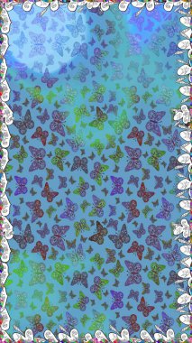 Paketleme, kağıt ve kumaş için uygun. Mavi ve yeşil arka planda renkli kelebekler. Kelebeklerle renklendirilmiş, pürüzsüz bir desen.