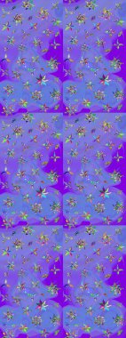 Parlak renkli çiçekleri ve mor ve mavi renkli yaprakları olan harika bir çiçek deseni. Halk tarzı. Moda baskıları için zarif bir şablon. Modern çiçek arkaplanı.