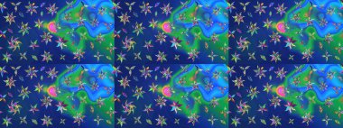 Mavi ve yeşil renkli çiçekler. Renkli Bahar Teması çizim kalıbı. Çiçekli çiçek deseni, suluboya. Düz Çiçek Elementleri Tasarım Raster illüstrasyonu.