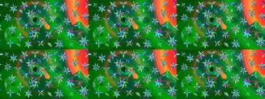 Raster illüstrasyonu. Çiçek ve yapraklı karalama şeklinde Raster çiçek deseni. Yeşil ve mavi renklerde bahar çiçekleri..