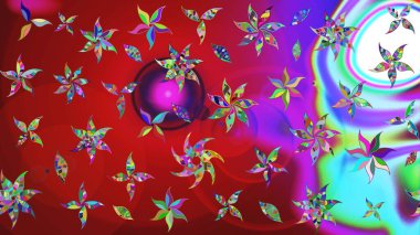 Raster illüstrasyonu. Şirin çiçekli eskiz deseni ve kırmızı ve mor renkli yapraklar, suluboya çiçek deseni, duvar kağıdı, kart veya kumaş için fayanslı.