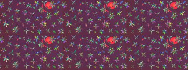 Raster illüstrasyonundaki çiçek desenli çizim. Çiçekler suluboya tarzında kahverengi ve mor renkte.