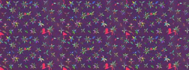 Düz Çiçek Elementleri Tasarımı. Sevimli çiçek raster deseni. Mor ve mor renkli çiçekler. Renkli Yaz Teması çizim şablonu.