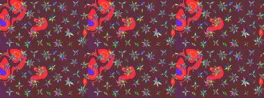 Arkaplan dokusu, duvar kağıdı, kahverengi ve kırmızı renkli çiçek teması. Kabile sanatı boho baskısı, klasik çiçek arkaplanı. Soyut etnik raster çizim kalıbı.