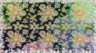 Raster illüstrasyonu. Doğum günü kartı, davetiye ya da afiş için iyidir. Dekoratif simetri arabesk. Kusursuz ortaçağ çiçek deseni. Gri ve nötr renklerde altın.