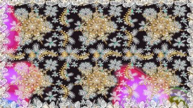 Raster illüstrasyonu. Raster altın desen. Altın elementli gri ve nötr renkler. Kusursuz altın desenli bukleler. Doğu tarzı arabesk.