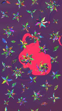 Eski usul. Kumaş, tekstil, duvar kağıdı baskısı için. Renkli desenli eskiz deseni, mor ve mor çiçekler ve dekoratif elementler. Raster illüstrasyonu. Taslak arkaplan.