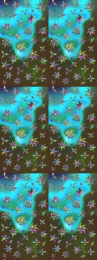 Çiçek desenli çizim. Yeşil ve mavi renkte çiçekler. Asya tekstil tarzında. Raster illüstrasyonu. Raster illüstrasyonu.