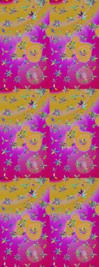 Klasik çiçekler. Yaz çiçekleri teması. El çizimi, soyut ve süslü elementler. Magenta ve sarı renkler. Suluboya resim taklit Raster illüstrasyonu.