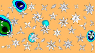 Raster illüstrasyonu. Şirin çiçekli eskiz deseni ve bej renkli yapraklar, suluboya çiçek deseni, duvar kağıdı, kart veya kumaş için fayanslı.