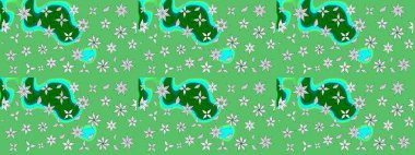 Asya tekstil tarzında. Çiçek desenli çizim. Raster illüstrasyonu. Yeşil renkli çiçekler. Raster illüstrasyonu.