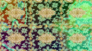 Vintage design element in Eastern style. Ornamental lace tracery. Traditional arabic decor on green colors. Golden ornate illustration for wallpaper. Raster sketch pattern with floral ornament.