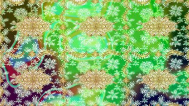 Raster illüstrasyonu. Altın elementli yeşil renklerde altın eskiz deseni. Tekrarlayan elementlerle soyut arkaplan oluşturun. Sketch damask klasik altın desen.