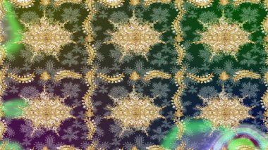 Altın elementlerle yeşil renklerde altın desen. Süslü raster dekorasyonu. Barok biçiminde duvar kağıdı tasarımı için şablon çizimi arkaplanı.