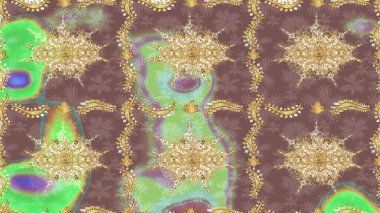 Sketch golden texture curls. Brilliant lace, stylized flowers, paisley. Oriental style arabesques. Openwork delicate golden pattern. Sketch pattern on brown colors with golden elements. Raster art.