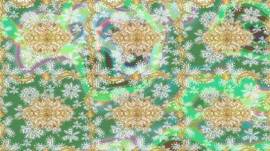 Golden element on green colors. Damask sketch repeating background. Gold floral ornament in baroque style. Gold Wallpaper on texture background.