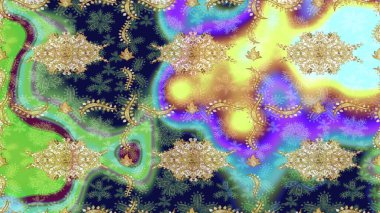 Altın çiçekli eskiz deseni. Yeşil renkte altın bir element. Barok tarzında altın çiçekli süs. Damask arkaplanı.