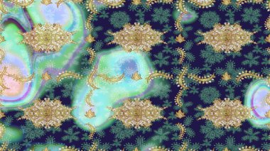 Tasarım için Damask çizim kalıbı. Mavi renkler ve altın elementler üzerine Raster çizim deseni.