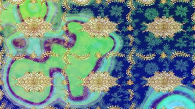 Tekrarlayan ögelerle soyut arkaplan çiz. Mavi ve altın desenli. Zarif raster klasik desen.