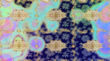 Soyut duvar kâğıdı, ambalaj dekorasyonu. Mavi renkli Raster altın deseni. Kış sembolü, Mutlu Noeller, Mutlu yıllar 2019. Altın kar tanesi basit çizim kalıbı.