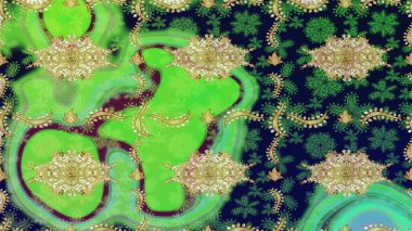 Yeşil renklerdeki altın element. Barok tarzında altın çiçekli süs. Antika altın tekrarlanabilir duvar kağıdı. Şam çizimi tekrarlanan desen.