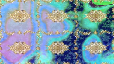 Mavi renklerdeki altın elementler. Geleneksel klasik Raster altın eskiz modeli. Barok tarzında eskiz doğulu süsü..