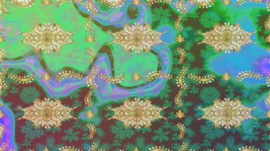 Altın şablonu çiz. Altın elementlerle yeşil renklerde altın desen. Raster doğulu süsü.