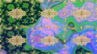 Mavi renkli ve altın elementli Raster eskiz deseni. Tasarım için Damask çizim deseni.