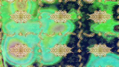Altın çiçekli eskiz deseni. Yeşil renkte altın bir element. Damask arkaplanı. Barok tarzında altın çiçekli süs..