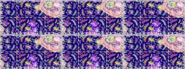 Raster illüstrasyonu. Mavi renkli Asya tekstili. Çiçeklerle suluboya desenleri.