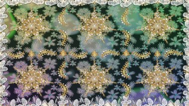 Parlak dantel, stilize çiçekler, şal desenli. Kusursuz altın desenli bukleler. Gri renklerde, altın elementlerle kusursuz desen. Raster. Hassas altın deseni açın. Doğu tarzı arabesk.