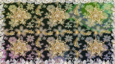 Altın antika ortaçağ dekoratifi, yapraklar ve gri renkli altın desenli süslemeleri olan pürüzsüz bir şablon. Kusursuz kraliyet lüksü, altın barok kumaş rengi..