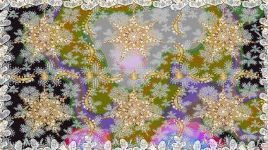 Paisleys zarif çiçek desenli dikdörtgen arka plan duvar kâğıdı illüstrasyonlu klasik stil, modern 3D çizgili sanat altın ve gri desenli çiçek yaprakları ve süslemeleri..