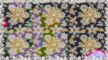 Kına dövmeli süs çiçekleri, altın çıkartmalar, mehndi ve yoga tasarımı, kartlar ve parmak izleri. Raster Golden Mehndi kusursuz desen. Gri renklerde desen.