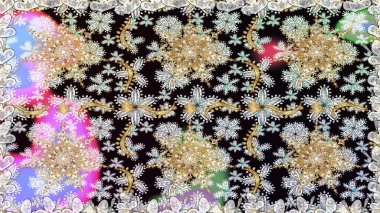 Lüks, kraliyet ve Viktorya dönemi konsepti. Tarafsız renklerdeki altın desenler ve altın elementler. Süslü dekorasyon. Raster klasik barok çiçeksiz altın desenli..