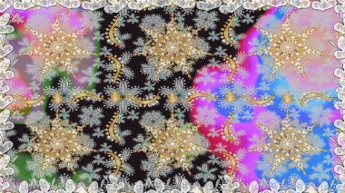 Gri renkli ve altın elementli altın desenli. Çiçek kiremitleri. İslam tasarımı. Kusursuz desenli oryantal süs. Raster altın tekstil baskısı.