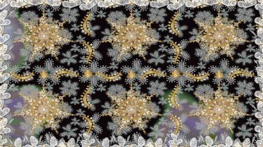 Gri renklerde kusursuz desen. Raster altın pürüzsüz desen. Kusursuz altın desenli bukleler. Doğu tarzında altın elementler arabesk.