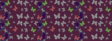 Raster illüstrasyonu. Giysi kumaşı için böcek dokusu parçası tekrarlanıyor. Sonsuz. Kahverengi üzerine güzel bir kelebek kumaşı çizimi. Çizim, karalama, karalama. Bahar Kelebeği teması.