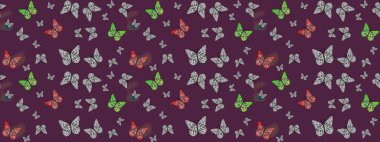 Kahverengi renklerdeki çiçek desenli eskiz. Resimlerde tropik kelebekler görülür. Duvar kağıtları, web sayfası geçmişi, yüzey dokuları, tekstil için mükemmel. Raster..