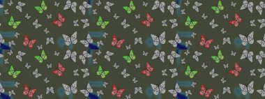 Yeşil kelebek deseni. Giysi tasarımı için dekor arka planı. Parmak izi dokuları için sevimli kelebek çizimi deseni. Raster illüstrasyonu.