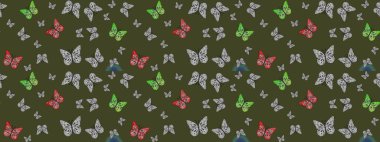 Kumaş, tekstil, baskı ve davetiye. Raster illüstrasyonu. Yeşil soyut arka planda gece kelebekleri. Çizim.