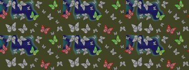 Çizim kalıbı. Renkli kelebekler. Web sayfası geçmişleri, duvar kağıtları, tekstil ve yüzey dokuları için mükemmel. Raster illüstrasyonu.