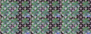 Küçük renkli çiçekler. Yeşil çiçekli bahar çiçekleri. Küçük çiçekte güzel bir desen. Moda baskıları için zarif bir şablon. Motley illüstrasyonu.